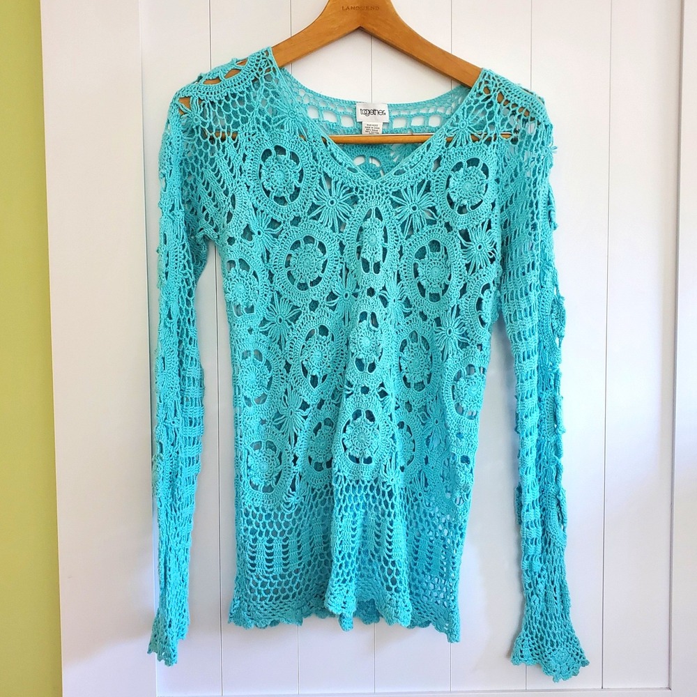 Y2K Turquoise Blue Open Knit Crochet Summer Beach Top Pool Cover Up Cotton Med